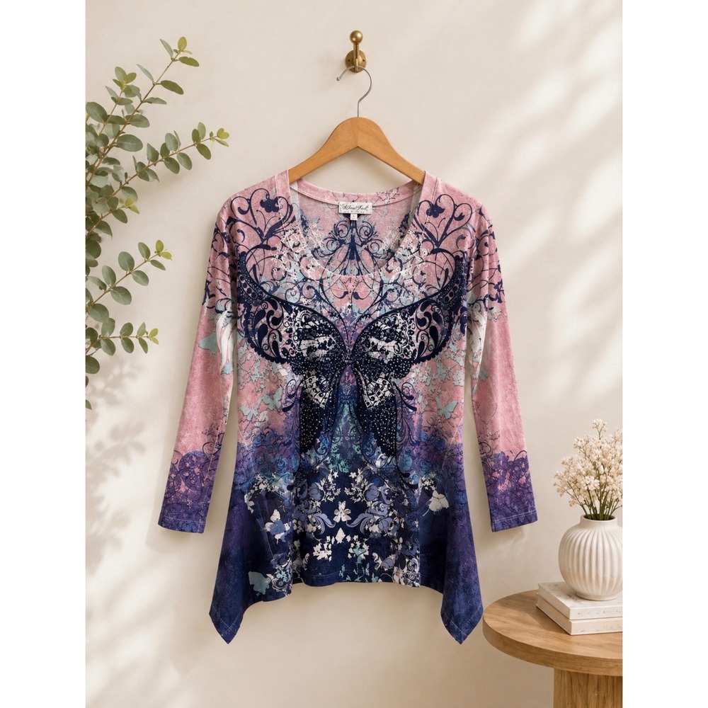 Closet Full Butterfly Rhinestone Tunic Top Y2K Fairy Grunge Size L